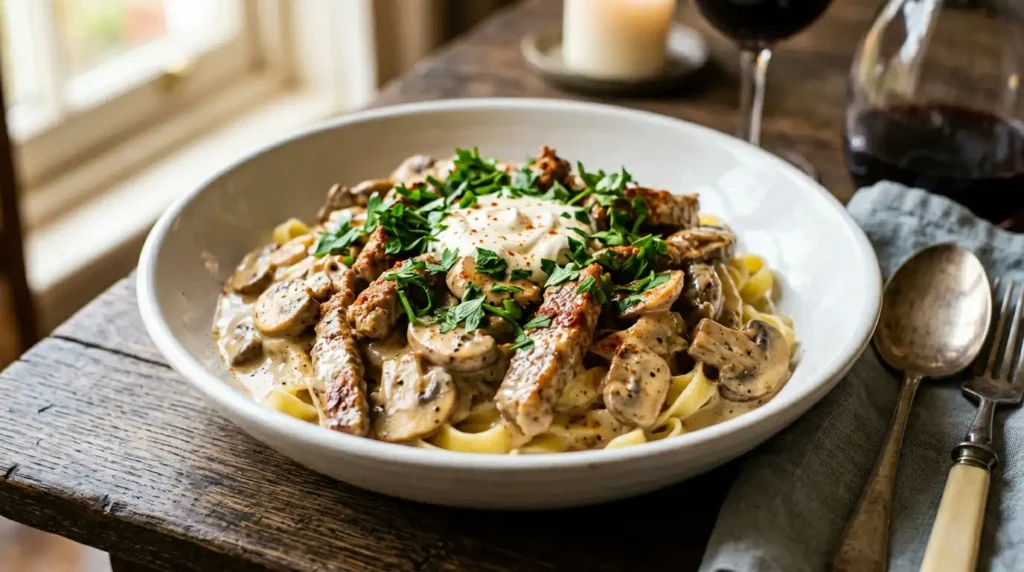 Beef Stroganoff served in bowl