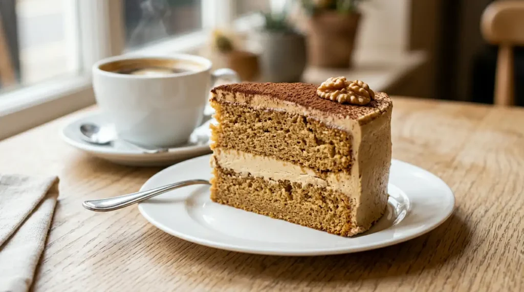 Mary Berry Cappuccino Cake Recipe 3 Cappuccino Cake slice on plate
