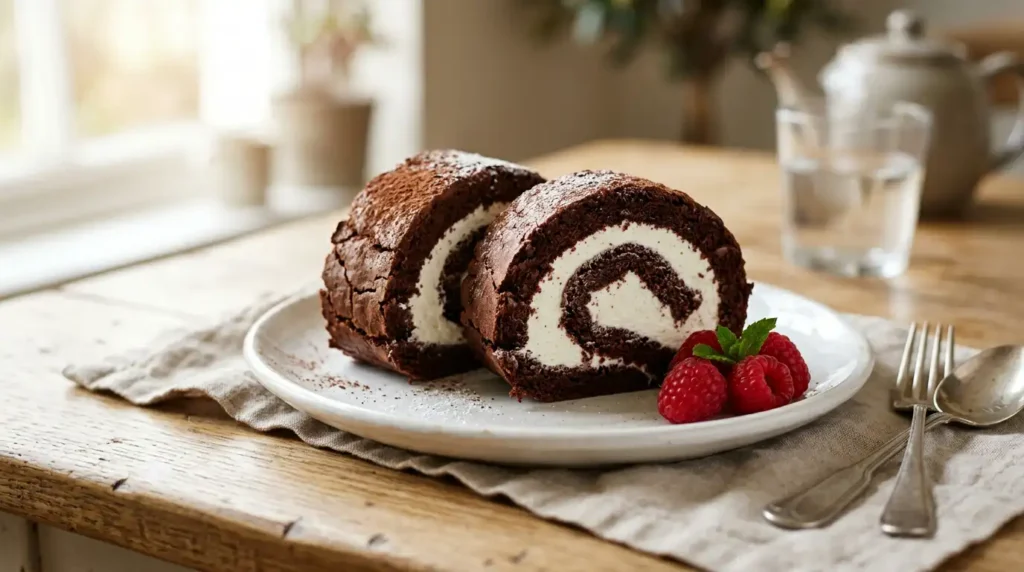 Mary Berry Chocolate Roulade Recipe 3 Chocolate Roulade Slice on plate