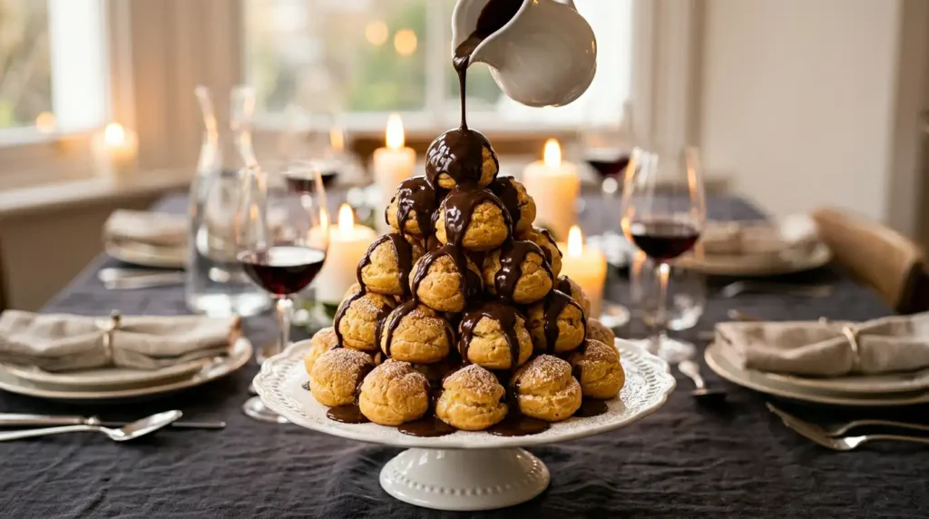 Chocolate sauce poured over profitroles