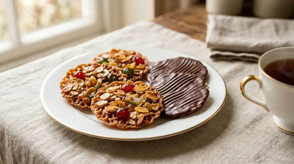 Mary Berry Florentines Recipe 3 Florentines served on white plate