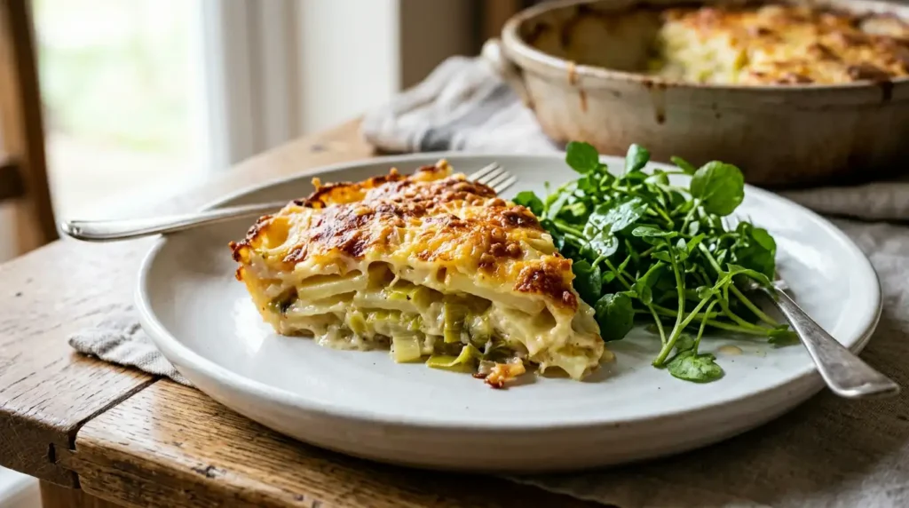 Leek and potato gratin served