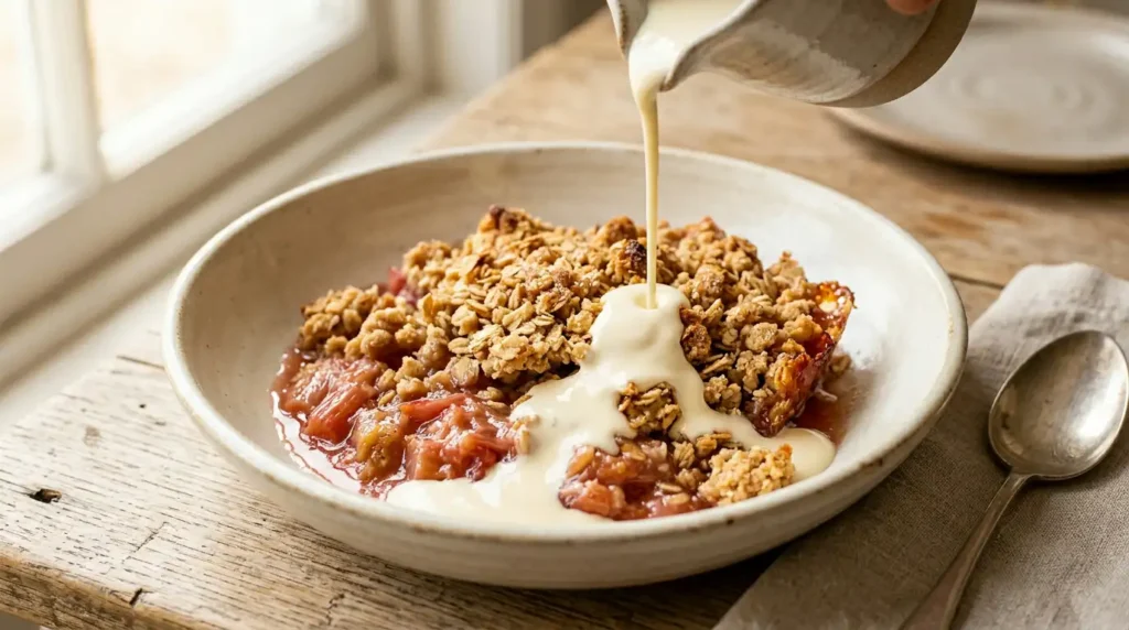 Rhubarb And Ginger Crumble served with cream