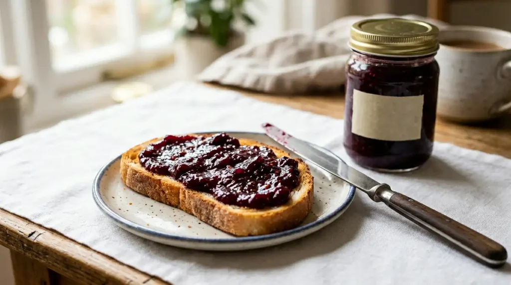 Toast spread with damson jam